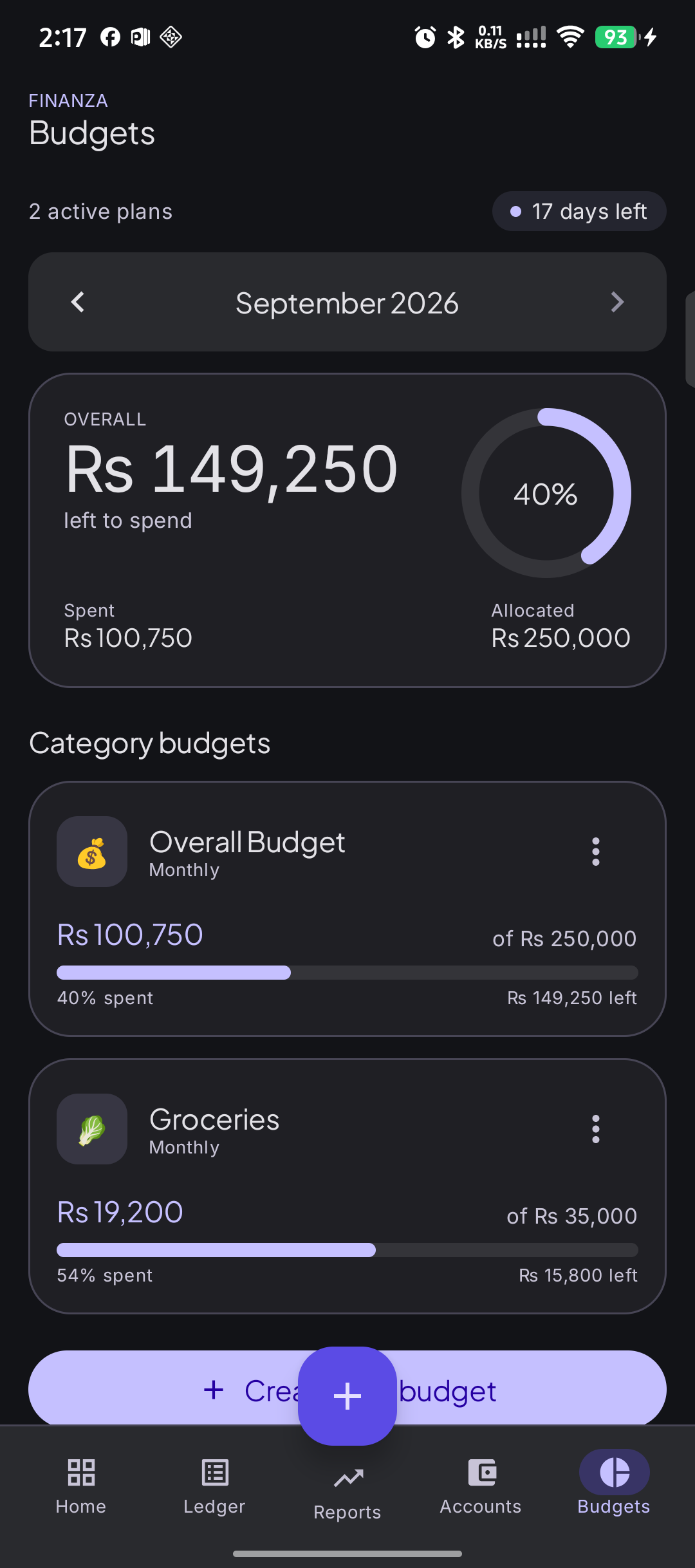 FINANZA budgets screen with overall and category progress bars